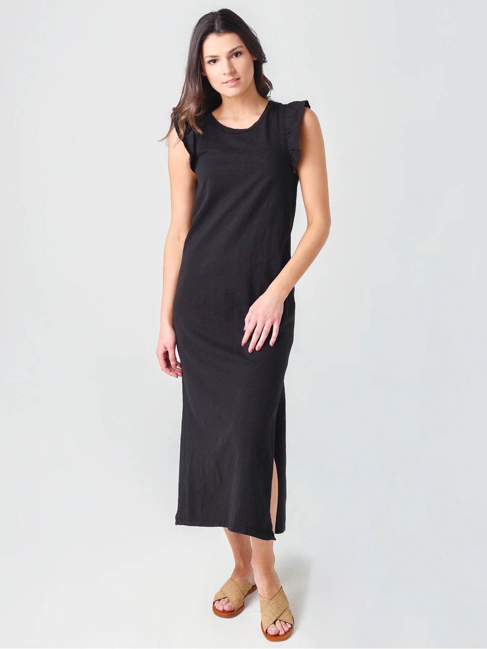 Z Supply Black Blakely Slub Cotton Ruffle sleeve Midi Dress M